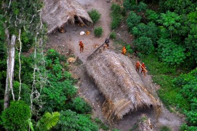 Members of an isolated Amazon tribe by a traditional longhouse, captured by satellite imaging