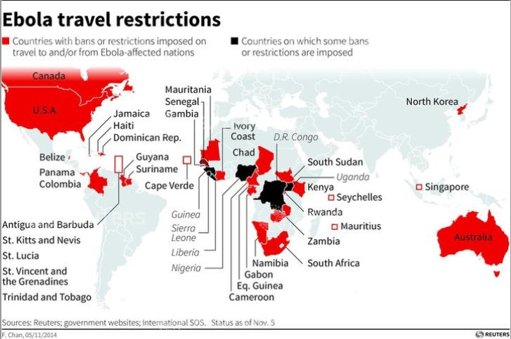 Map highlighting countries with travel bans or restrictions to and/or from countries affected by Ebola