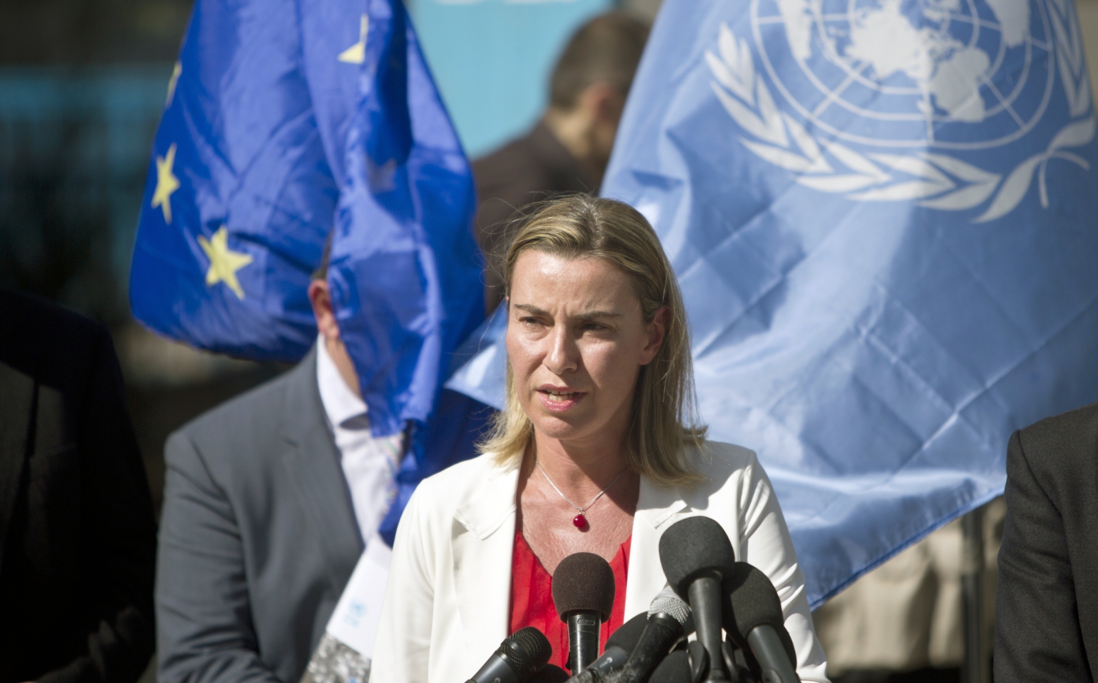 Federica Mogherini addresses reporters in Gaza today Federica Mogherini addresses reporters in Gaza today