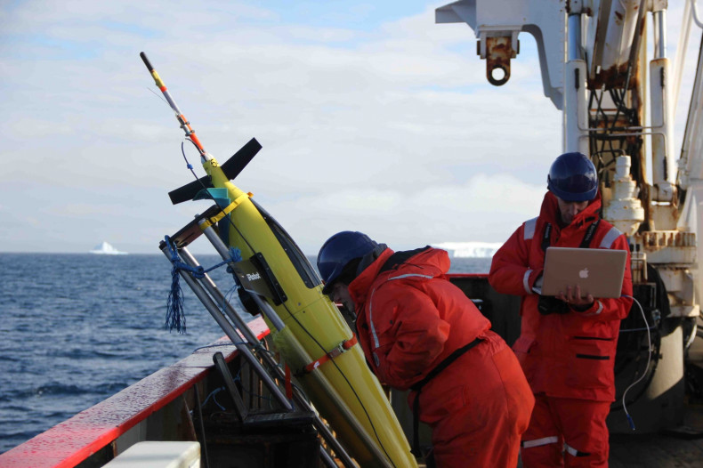 Oceanographers Liz Creed and Andy Thompson run through a series of tests in preparation for the release of a Seaglider into the Weddell Sea