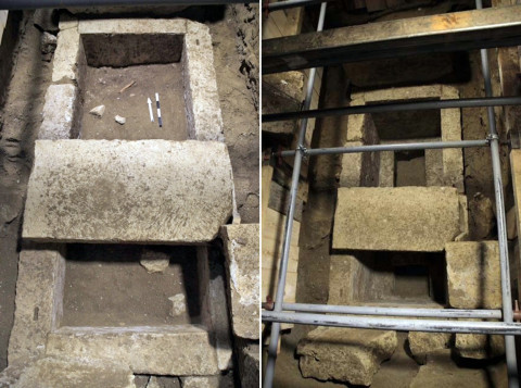 The excavated limestone grave set into the floor of the third chamber once held a wooden coffin decorated with bone and glass