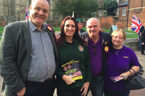 Britain First candidate Jayda Fransen (in green) contradicted Ukip claims about this controversial photo