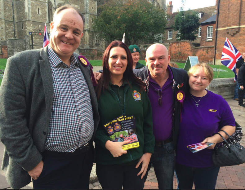 Britain First candidate Jayda Fransen (in green) contradicted Ukip claims about this controversial photo
