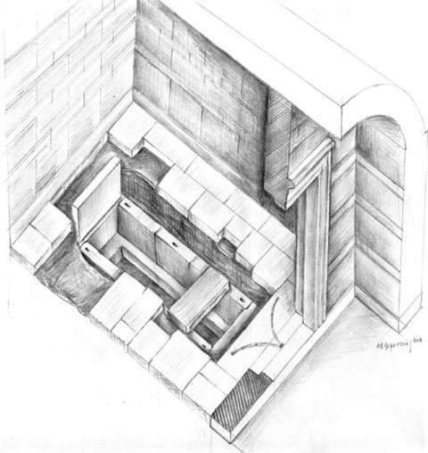 Artist's illustration of the limestone grave found beneath the floor in the third chamber