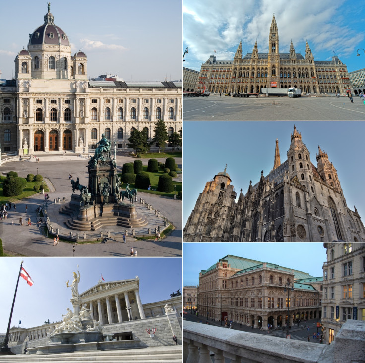 Locations in Vienna from top, left to right: Kunsthistorisches Museum, City Hall, St. Stephen's Cathedral, Vienna State Opera, and Austrian Parliament Building
