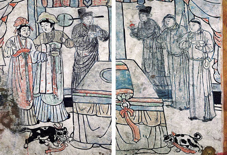 Close-up of the bedroom scene mural, which depicts Liao Dynasty servants in authentic traditional dress for the period