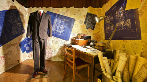 One of the suits worn by Benedict Cumberbatch in his role as Alan Turing, and the recreation of Turing's desk