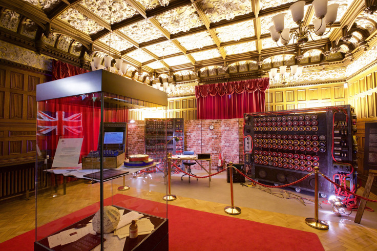 The display at Bletchley Park showing the Enigma Machine and the Bombe Machine that were built specially for filming