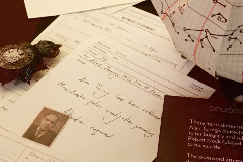 Recreations of documents from the Manchester City Police detailing the robbery on Turing's home in 1952
