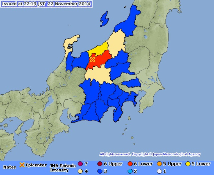 A map issued by the Japan Meteorological Agency shows the damage caused by Saturday's earthquake A map issued by the Japan Meteorological Agency shows the damage caused by Saturday's earthquake