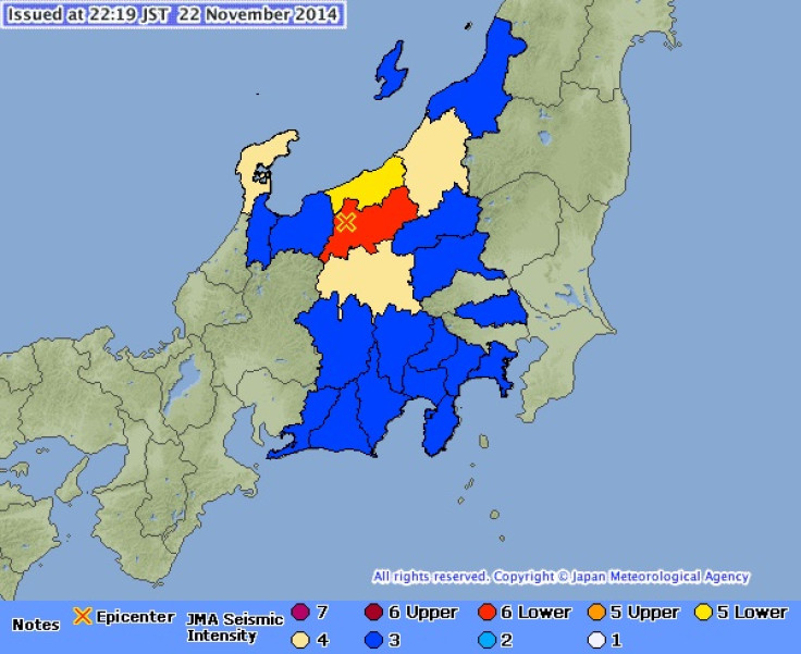 A map issued by the Japan Meteorological Agency shows the damage caused by Saturday's earthquake