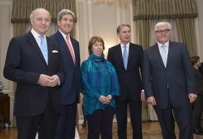 Talks: (L-R): French Foreign Minister Laurent Fabius, US Secretary of State John Kerry, former EU foreign policy chief Catherine Ashton, the High Representative of the Union for Foreign Affairs, Britain's Foreign Secretary Philip Hammond and German Forei