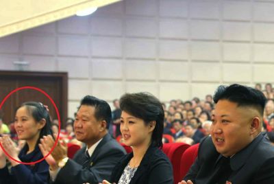 Kim Jong Un applauds during the Moranbong Band concert. Also in attendance are Kim Yo Jong (1st L), Choe Ryong Hae (2nd L), Ri Sol Ju (3rd (L), VMar Hwang Pyong So (2nd R) and Kim Ki Nam (right)