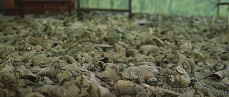 Hundreds of gas masks litter the floors of a building in Pripyat, abandoned by evacuees