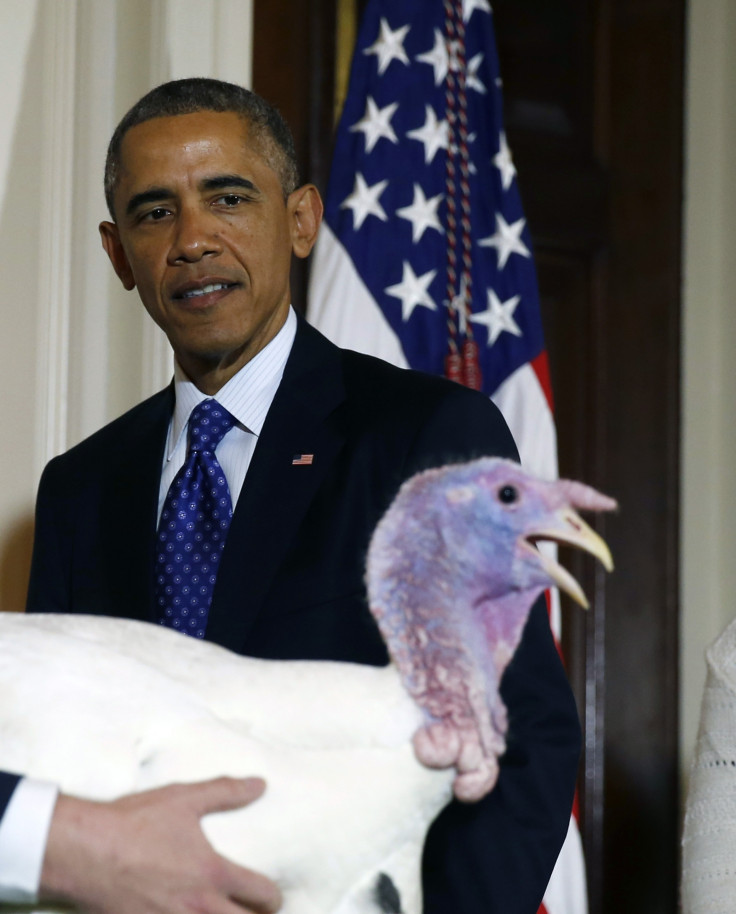 U.S. President Barack Obama participates in the annual turkey pardoning ceremony of "Cheese" marking the 67th presentation of the National Thanksgiving Turkey while in the White House in Washington, November 26, 2014
