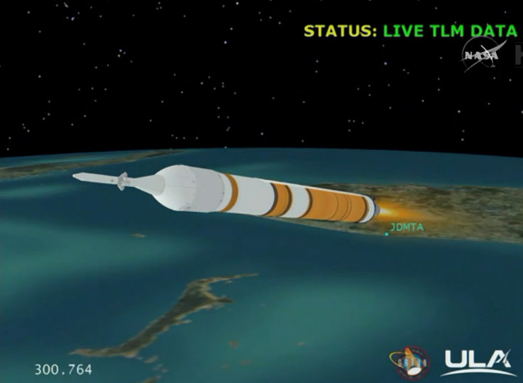 Live computer graphical data of the rocket bearing the Orion spacecraft travelling out of the Earth's atmosphere