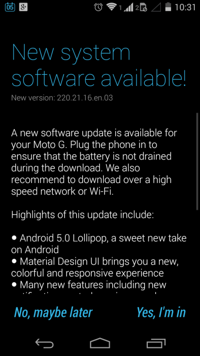 Android 5.0 seemingly begins roll-out to certain first-gen Motorola Moto G smartphones: Check out now Android 5.0 seemingly begins roll-out to certain first-gen Motorola Moto G smartphones: Check out now