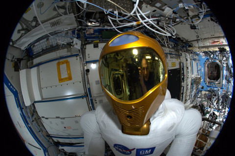 A close-up of the Nasa astronaut suit on the ISS