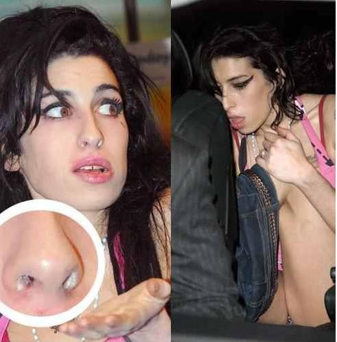 Amy Winehouse seen with what seems to be cocaine residue in her nose.