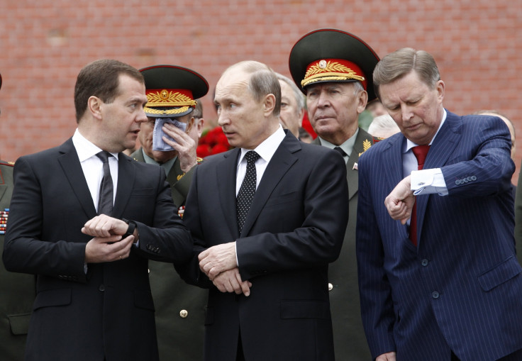 Russia's President Vladimir Putin (C), Prime Minister Dmitry Medvedev (L, front) and Chief of Staff of the Presidential Administration Sergei Ivanov (R, front)