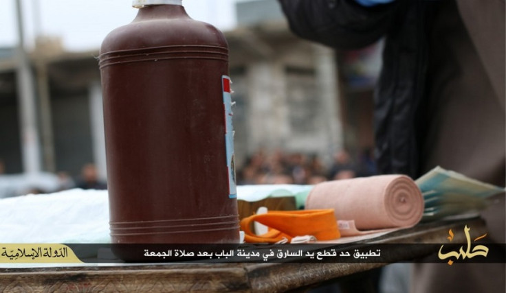 Medical items are shown on a table during the amputation