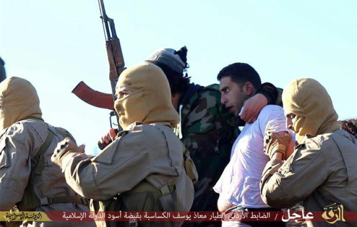 Pictures allegedly showing a Jordanian pilot being taken hostage by militants after his plane was shot down near Raqqa, Syria.