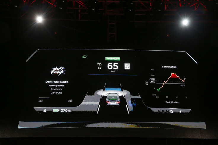 The dashboard of the Tesla Model S car with features that will allow its electric sedan to park itself and sense dangerous situations.