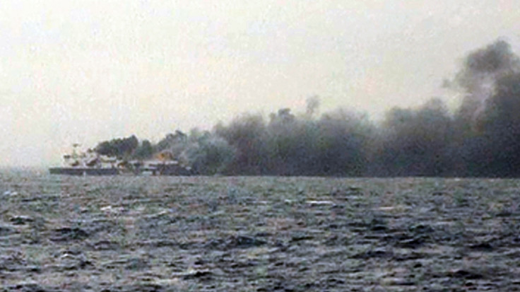The Norman Atlantic on fire this afternoon. (Skai TV/AFP/Getty Images)
