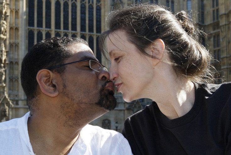 Multiple sclerosis sufferer Debbie Purdy [R] with her husband Omar Puente outside the House of Lords
