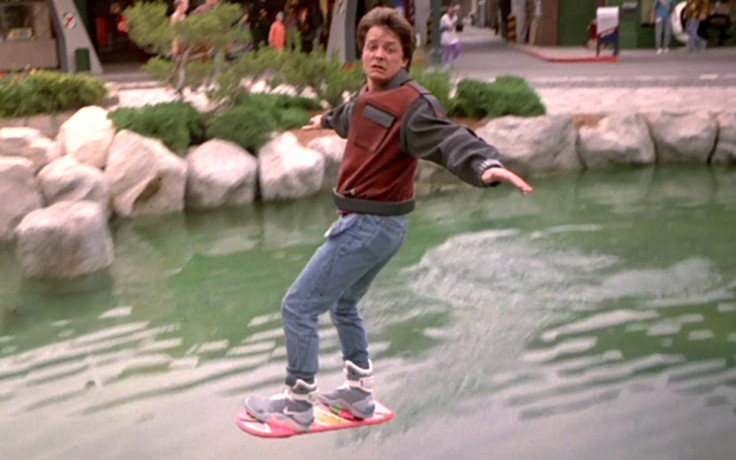 Marty McFly uses a Mattel hoverboard to escape from thugs in 2015