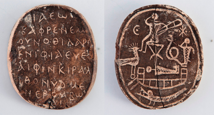 Left: The palindrome inscription on the amulet. Right: The inscriptions of various different Pagan beliefs on the other side of the amulet