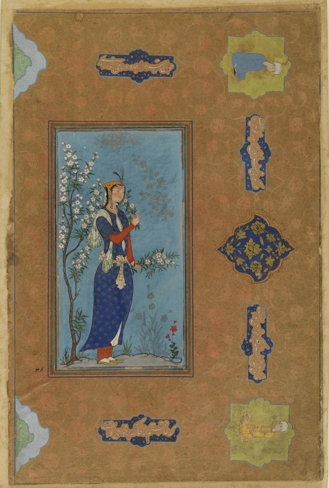 "Woman with a spray of flowers" (c.1575), Iran, Safavid period, opaque watercolor and gold on paper