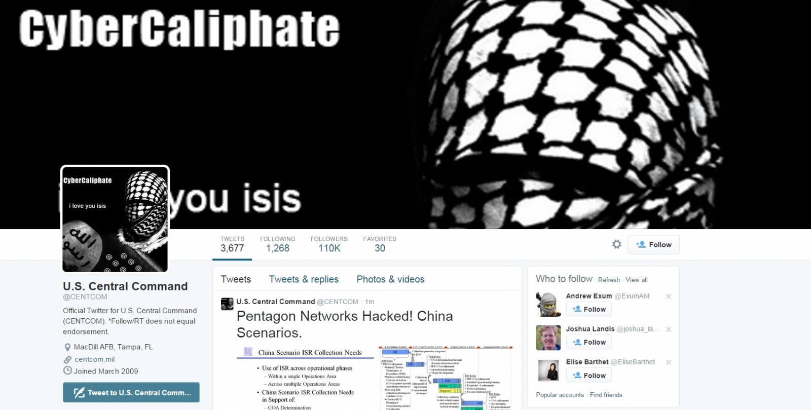 US Central Command Twitter Hacked by someone in Maryland?