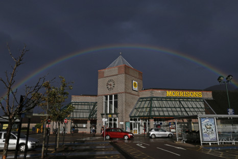 A rainbow is seen over Morrisons supermarket in Fort William, Scotland August 31, 2014