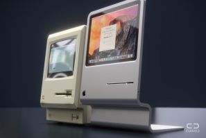 The original Macintosh from 1984, together with the cute modern design concept by CURVE/labs