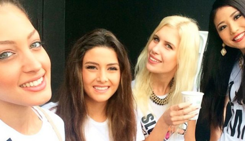 The offending selfie, with Miss Israel on the far-left, and Miss Lebanon in the centre. (screenshot)