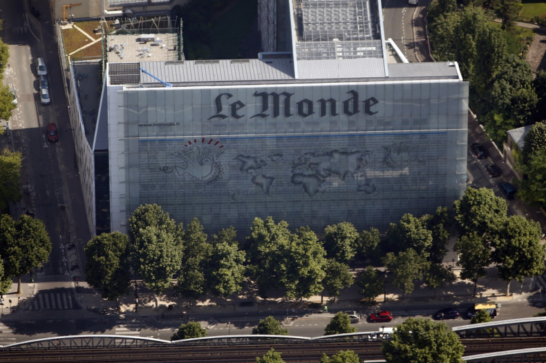 An aerial view shows the facade of the French daily evening newspaper Le Monde offices in Paris