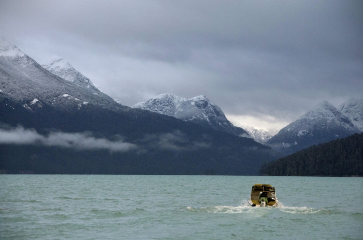 A boat travels on the Nahuel Huapi Lake in Argentina's mountain