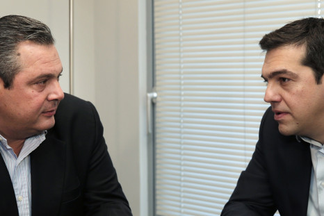 Head of radical leftist Syriza party Alexis Tsipras (R) meets with leader of right-wing, anti-bailout Independent Greeks party Panos Kammenos