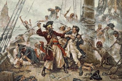 The Capture of Blackbeard 1718, depicting the battle between Blackbeard the Pirate and Lieutenant Maynard in Ocracoke Bay