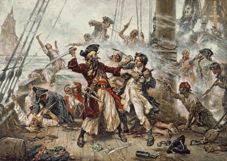 The Capture of Blackbeard 1718, depicting the battle between Blackbeard the Pirate and Lieutenant Maynard in Ocracoke Bay