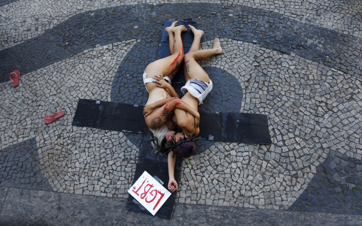 Activists in Rio de Janeiro protest against the Catholic Church's alleged homophobia. (Reuters)