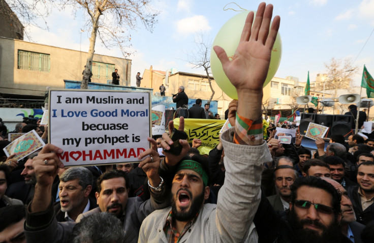 Protesters in Tehran demonstrate outside the French embassy in response to a front page cartoon deicting the prophet Mohammed published by satirical magazine Charlie Hebdo. (Getty)