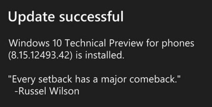Windows 10 for phones Technical Preview build 8.15.12493.42