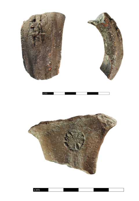 Top: A four-winged LMLK on a pottery handle. Bottom: A rosette stamped into another piece of pottery