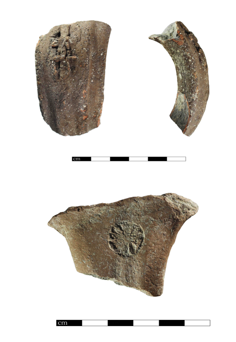Top: A four-winged LMLK on a pottery handle. Bottom: A rosette stamped into another piece of pottery Top: A four-winged LMLK on a pottery handle. Bottom: A rosette stamped into another piece of pottery