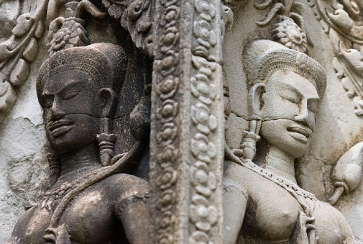 Devatas, or guardian spirits, engraved in a Hindu temple in Angkor