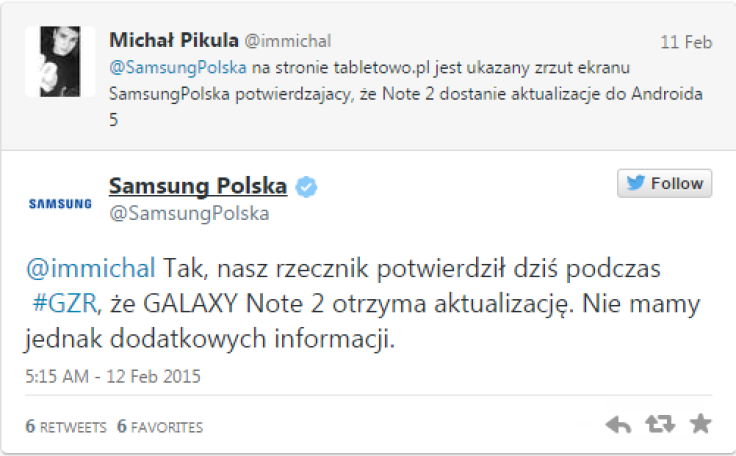 Samsung Poland confirms Android 5.0 Lollipop update for Galaxy Note 2
