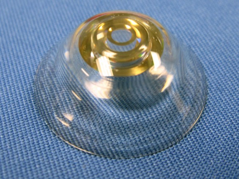 A close-up view of the latest prototype of the telescopic contact lens