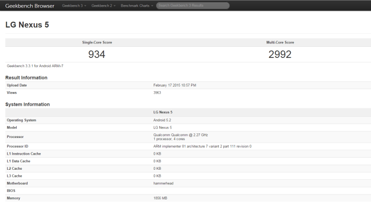 Android 5.2 Lollipop update spotted running on Nexus 5 in new Geekbench tests Android 5.2 Lollipop update spotted running on Nexus 5 in new Geekbench tests